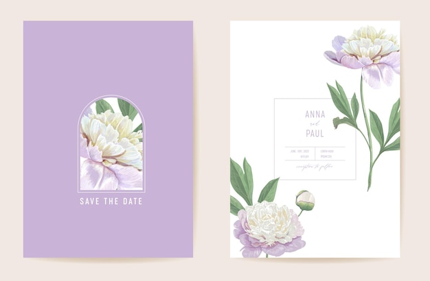 Wedding peony floral Save the Date set. Vector spring flowers, leaves boho invitation card. Watercolor template pastel frame, valentine cover, modern background design, wallpaper