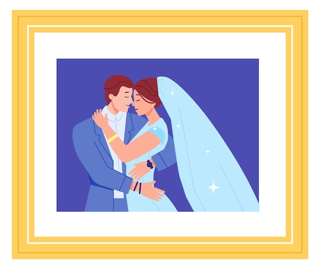 Wedding photo in frame Happy groom and bride together isolated on white background