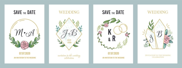 Wedding posters. Luxury invitation card template with floral monograms and minimalist design elements. Vector illustration modern pastel banners invites on holiday