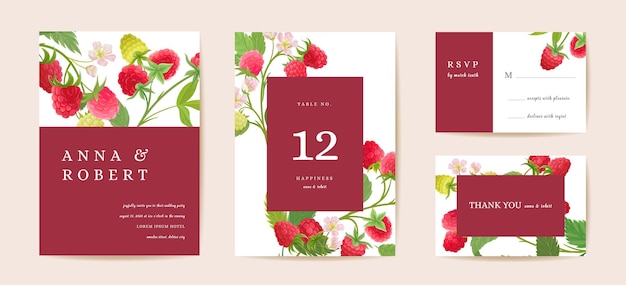 Wedding raspberry floral vector card, berry fruits, flowers, leaves invitation. Watercolor template frame. Botanical Save the Date cover, modern poster, trendy design, luxury background