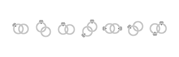 Wedding ring line icon set Ring with diamond Vector EPS 10