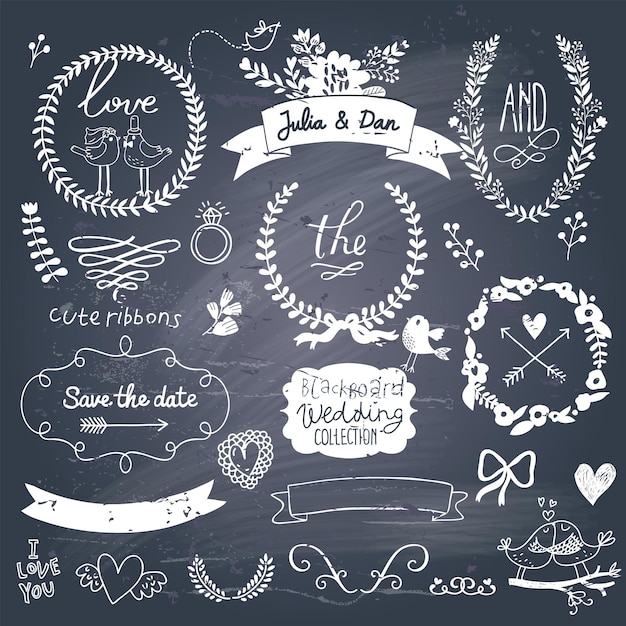 Wedding romantic collection with labels ribbons hearts flowers arrows wreaths laurel