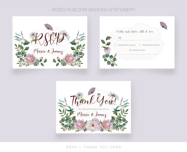 Vector wedding rsvp card and thank you card  with watercolor painted flowers