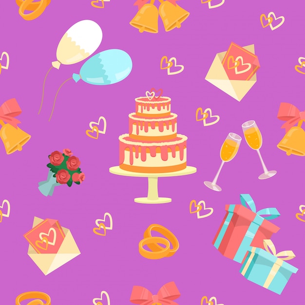 Wedding Seamless Pattern with Rings, Cake and Bells