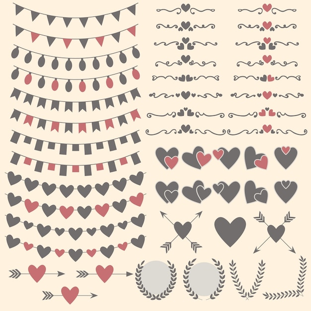 Wedding set of hearts arrows garlands laurel wreaths and labels Valentines day design