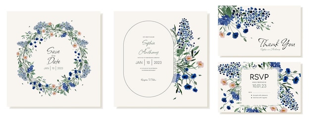 Wedding square invitations and rustic cards with wildflowers Vector template