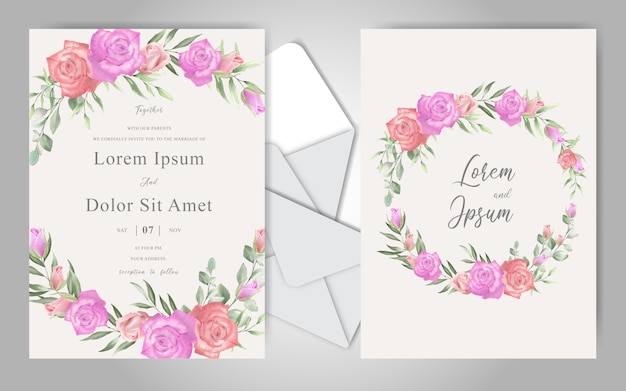 Wedding Stationary Template Collection with Watercolor Roses and Greenery