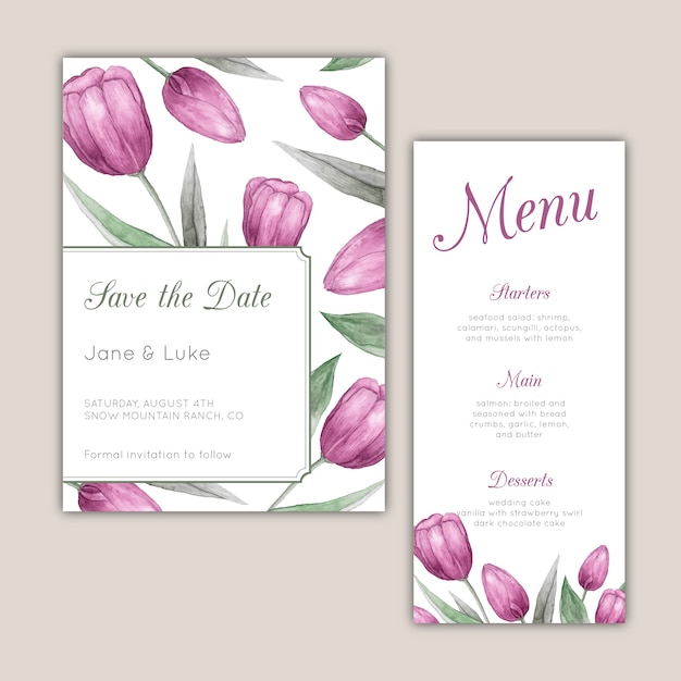 Vector wedding stationery set with purple watercolor tulips