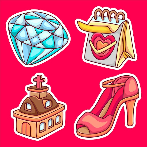 Wedding Sticker Icons Hand Drawn Coloring Vector