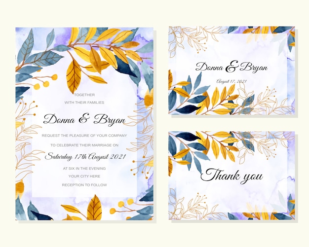 wedding template with blue yellow leaves watercolor abstract background