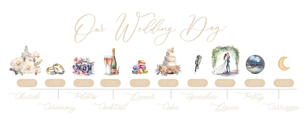 Vector wedding timeline menu on wedding day our wedding day calligraphy inscription