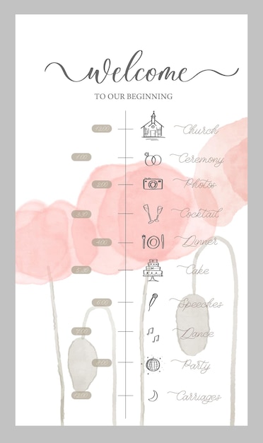 Vector wedding timeline menu on wedding day with red watercolor poppy abstract floral art background vector design for wedding and vip cover template