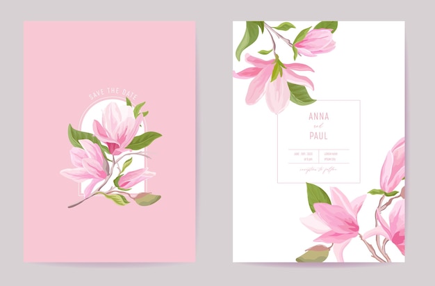 Wedding tropical floral vector card. Magnolia flowers, leaves spring invitation. Watercolor template frame. Botanical Save the Date foliage cover, modern poster, trendy design, luxury background