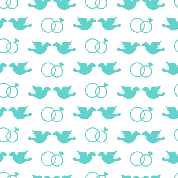 Wedding vector seamless pattern Cute wedding rings pigeons Marriage flat design