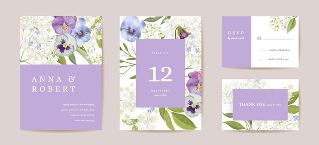 Wedding violet pansy floral Save the Date set. Vector purple spring flowers boho invitation card. Watercolor template frame, foliage cover, modern poster, trendy design