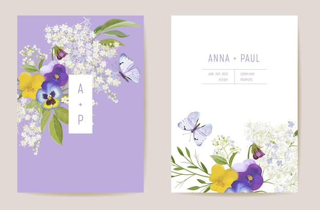 Wedding violet pansy floral Save the Date set. Vector spring flower boho invitation card. Watercolor template frame, foliage cover, modern background design