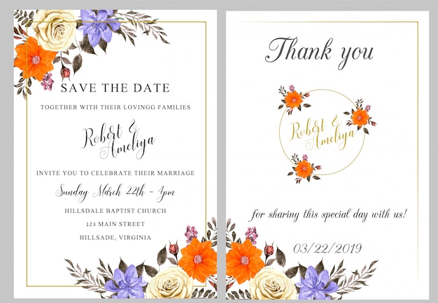 wedding watercolor invitation card with thank you