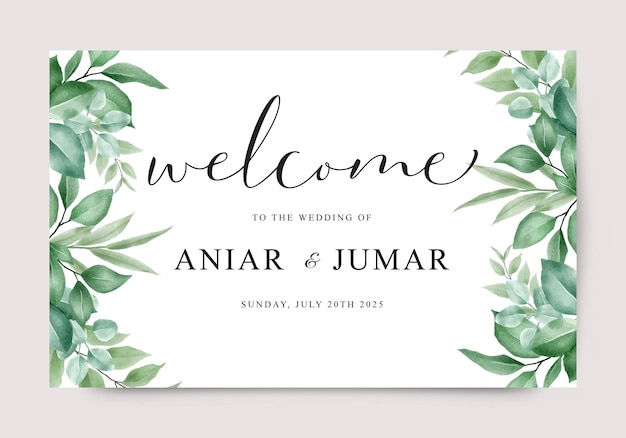 Vector wedding welcome sign with watercolor leaves