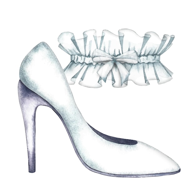 wedding white womens slipper and the brides garter A watercolor vector illustration made by hand