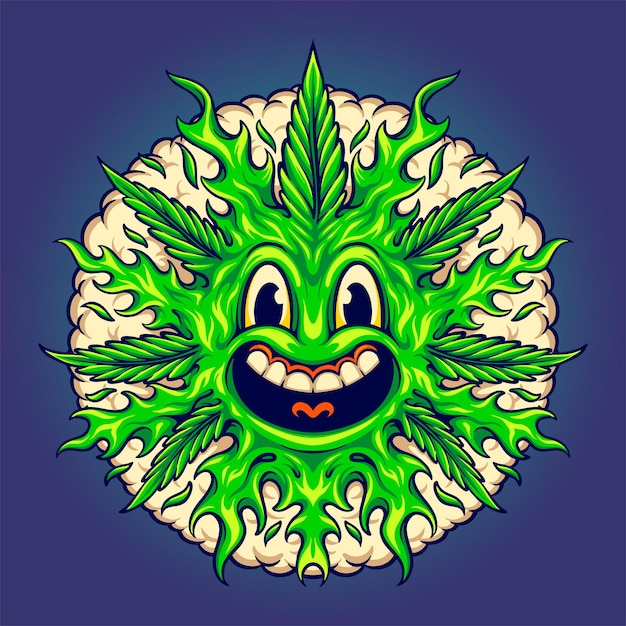 Weed leaf cute emoji with smoke bubble illustrations