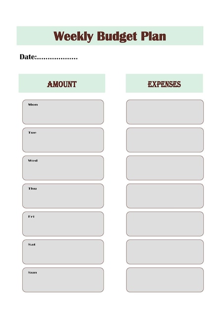 Weekly budget planner blank printable vertical page template