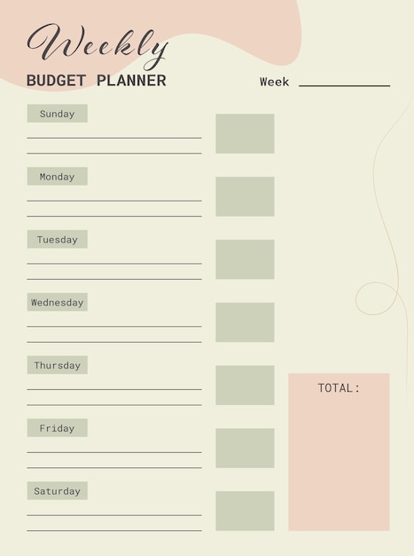 Weekly budget planner. Finance planner template. Business organizer page.