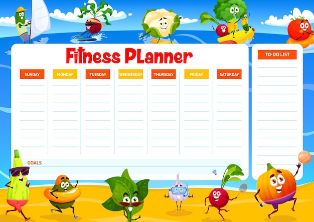 Weekly fitness planner with funny vegetables