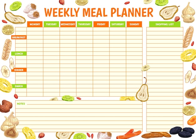 Vector weekly meal planner dried fruits and berries