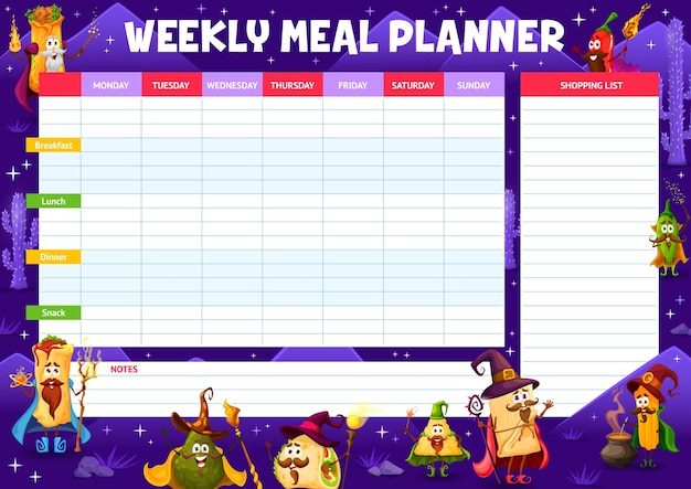 Weekly meal planner schedule Mexican food wizards