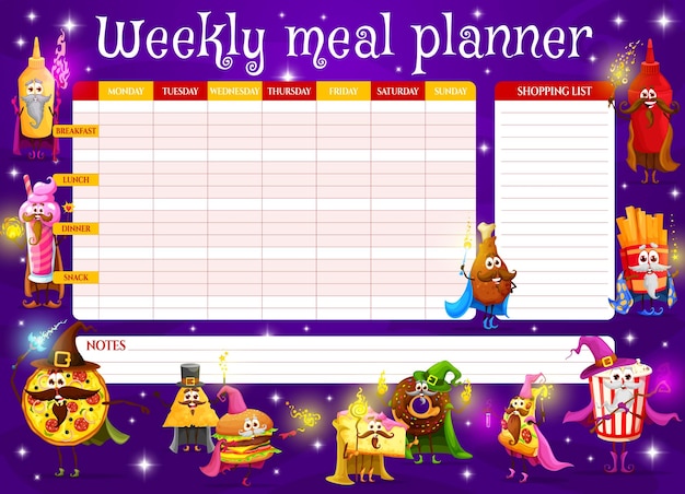 Weekly meal planner with fast food cartoon wizards