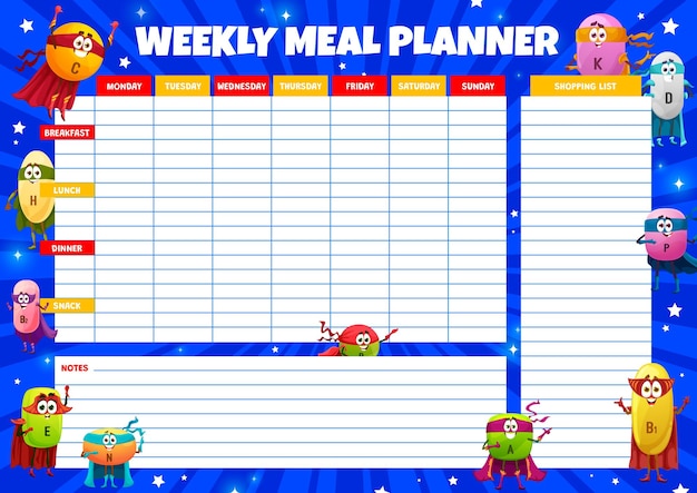 Weekly meal planner with hero vitamin characters