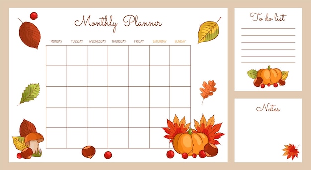 Weekly planner of autumn flower design A cute fashion planner or organizer Floating vector cartoon style