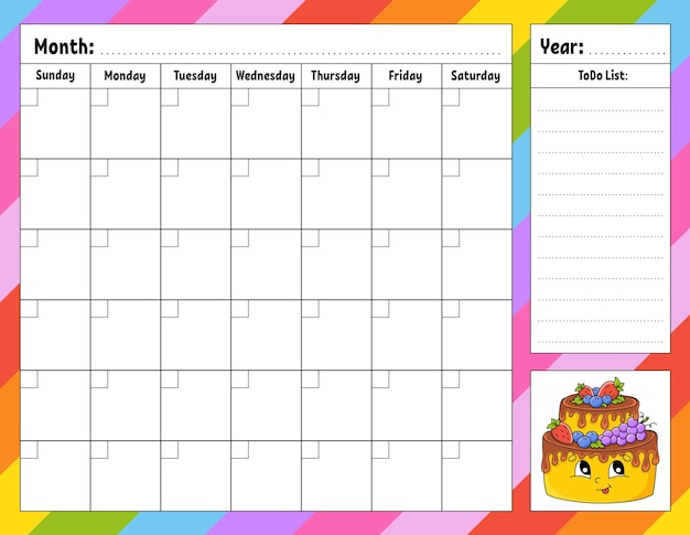 Weekly planner Bright colorful blank printable template Birthday theme