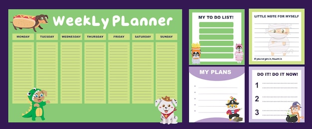 Weekly planner design with cute animal using Halloween costume. Vector template for agenda, planners