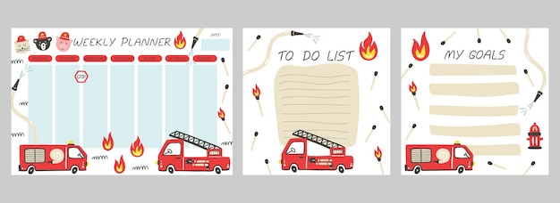 Weekly planner Firefighter cartoon notebook sheet to do list and goals template cars poster for boys city transport childish stationery design red auto fire and truck vector isolated concept