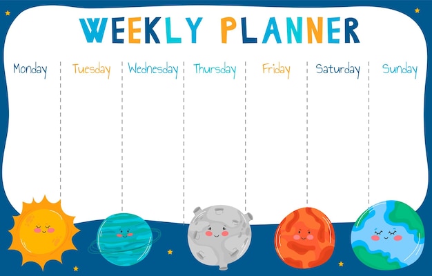 A weekly planner is shown with planets and the days of the week.