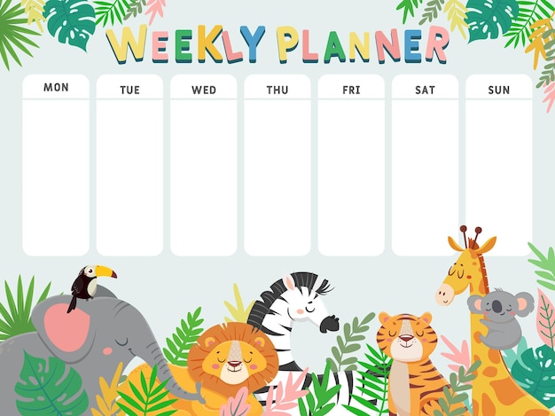 Weekly planner for kid. Child schedule for week with tropical jungle animals and plants. Calendar for elementary school student vector table with lion, zebra, tiger and elephant characters