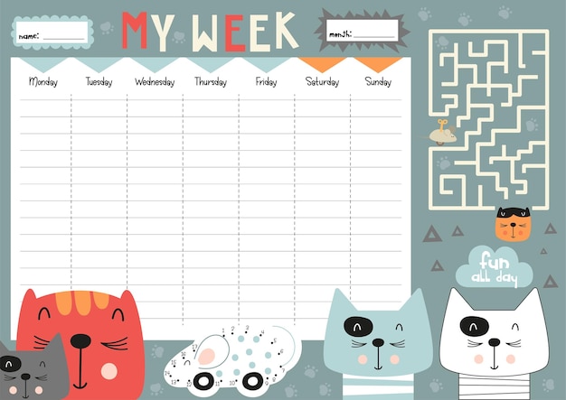 weekly planner for kids contain mini games