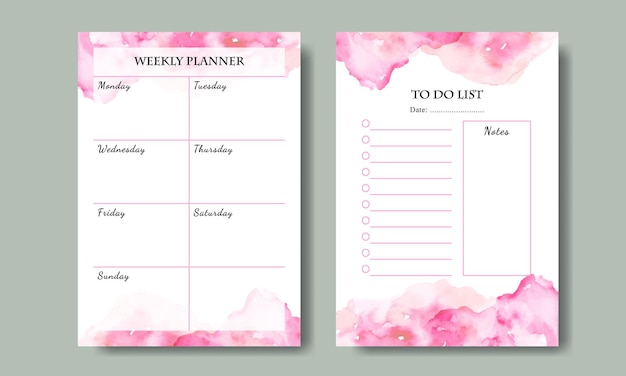 Weekly Planner To Do List with Watercolor Pink Splash  Grunge Background Printable