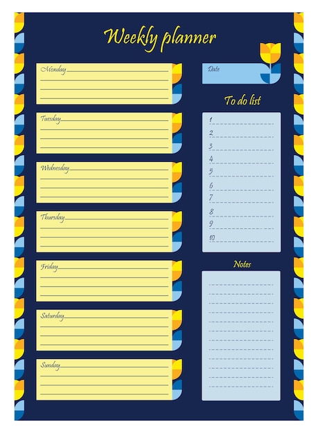 Weekly planner organizer My plan todo list and notes Vector illustration Vertical template