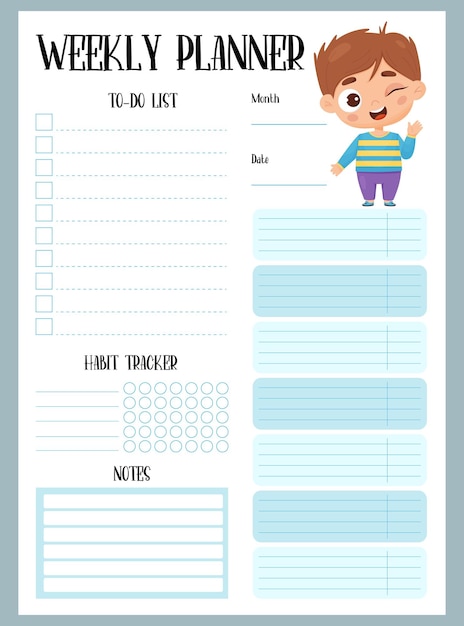 Weekly planner Organizer todo list notes and habit tracker with happy cartoon boy Vertical template