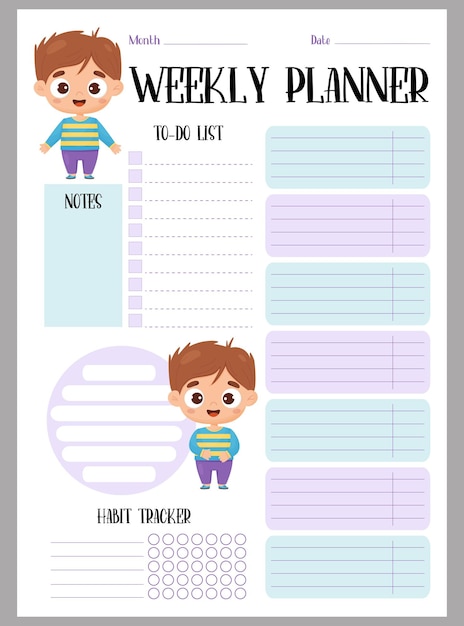 Weekly planner Organizer todo list notes and habit tracker with happy cute cartoon boys