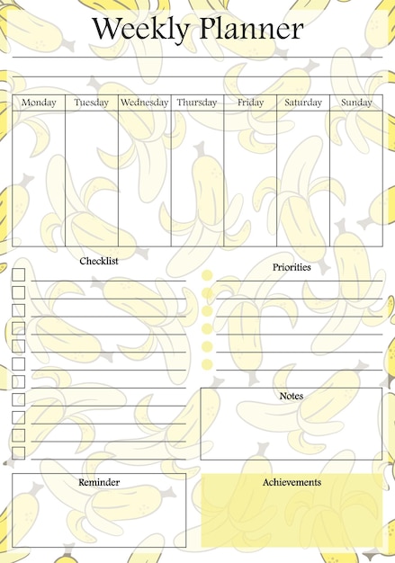 Weekly planner page on banana pastel background Event project planner template budget schedule checklist reminder notes priorities Time management concept Vector illustration