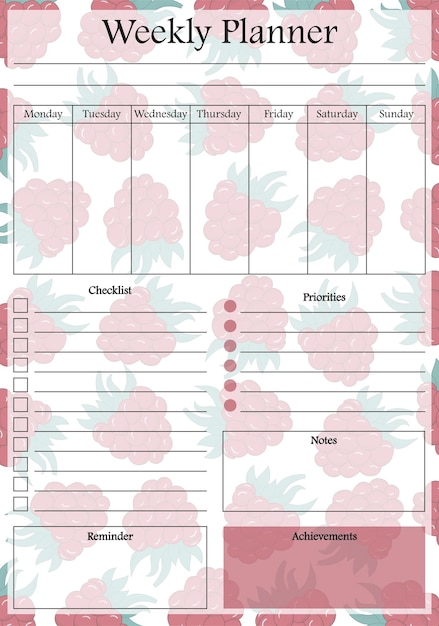 Weekly planner page on raspberry pastel background Event project planner template budget schedule checklist reminder notes priorities Time management concept Vector illustration