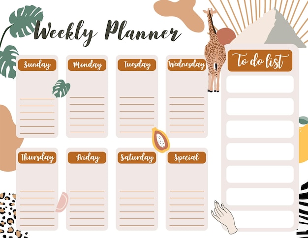 Weekly planner start on Sunday with mountain,fruit,to do list that use for vertical digital and printable A4 A5 size