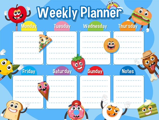 Weekly Planner Table Schedule with Cartoon Character Theme