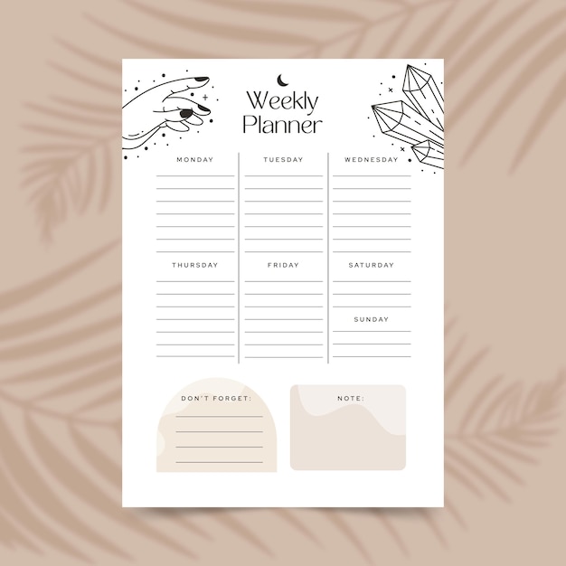 Weekly planner template with esoteric mystical boho elements