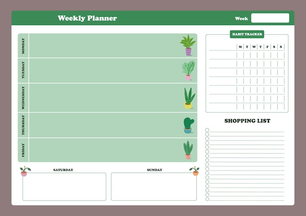 Weekly planner template with home plants element