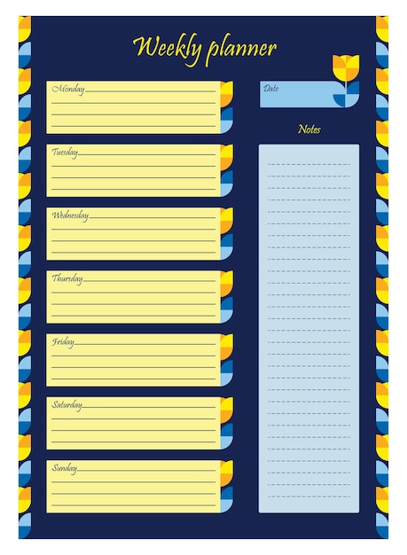 Weekly planner Vertical template Vector Organizer planner and notes in yellow blue color