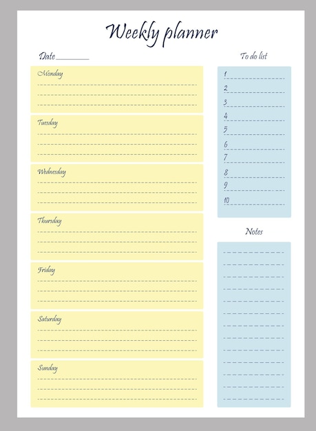 Weekly planner Vertical template Vector  Organizer planner and notes in yellow blue color